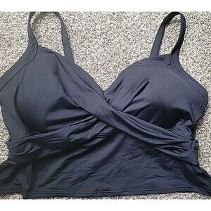 Swim Top Black 22W V-Neck Wrap Front Midkini 2X Lands End Solid Cropped S811